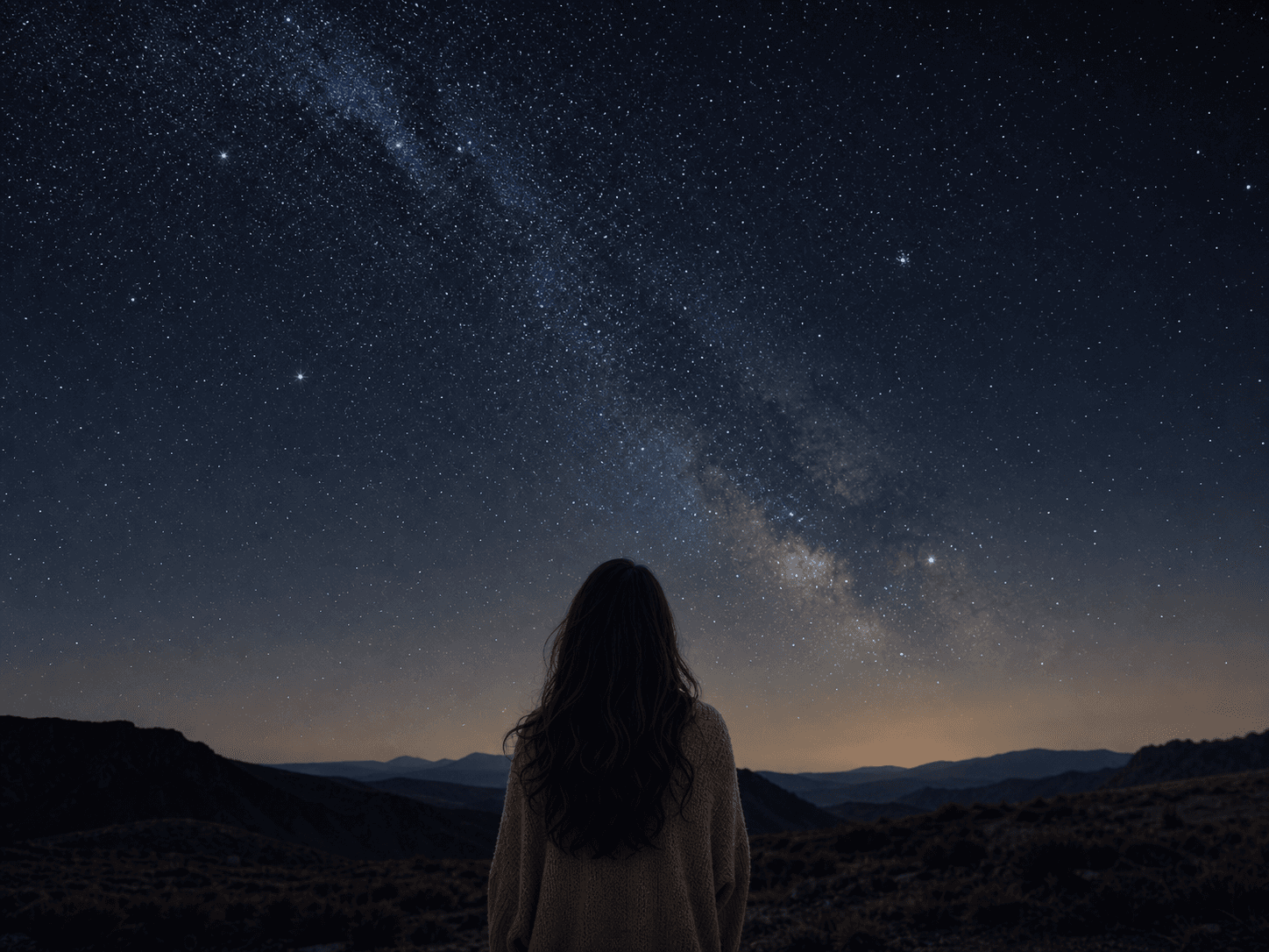Mulher de costas observando um céu noturno vasto e estrelado, simbolizando conhecimento, presença e futuro.