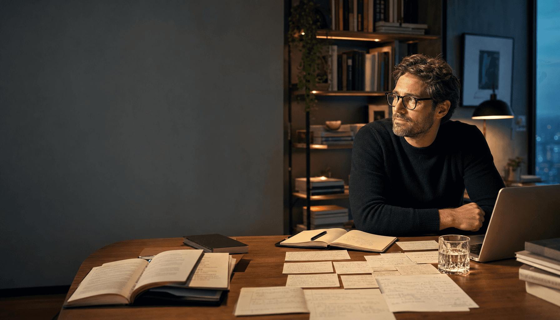 Criador em um ateliê de conhecimento com materiais, livros e notas usados para estruturar um Clone de IA premium.